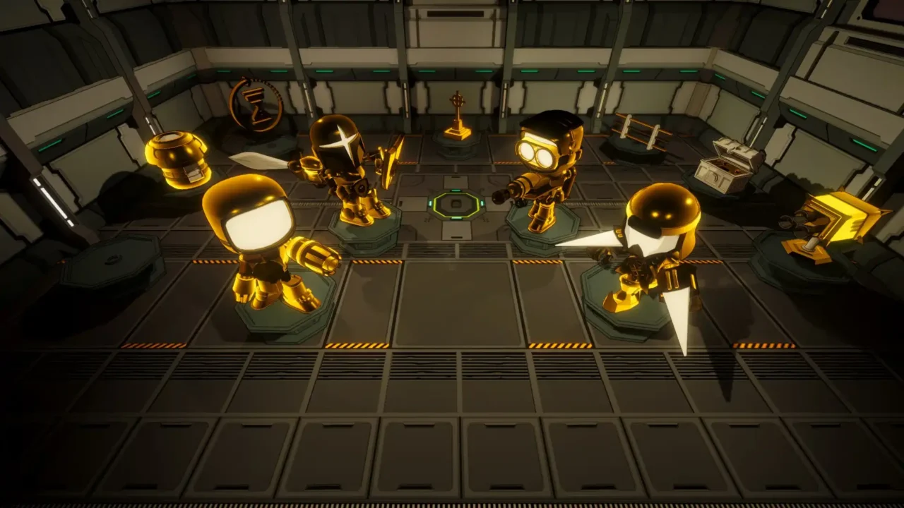Kritter: Defend Together characters standing on platforms inside a futuristic room