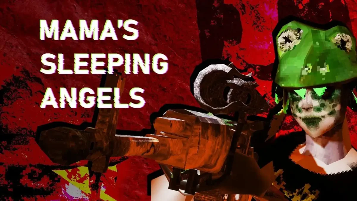 Promotional image for Mama’s Sleeping Angels showing the game title, a stylised character in a frog-like hat, and a weapon against a red horror-themed background.