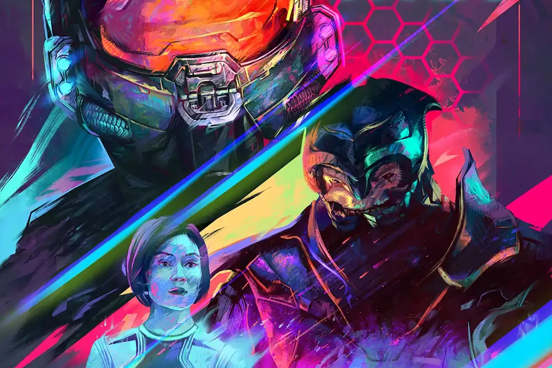 Halo artwork by Matt Essom featuring Master Chief and other characters in a vivid stylised composition.