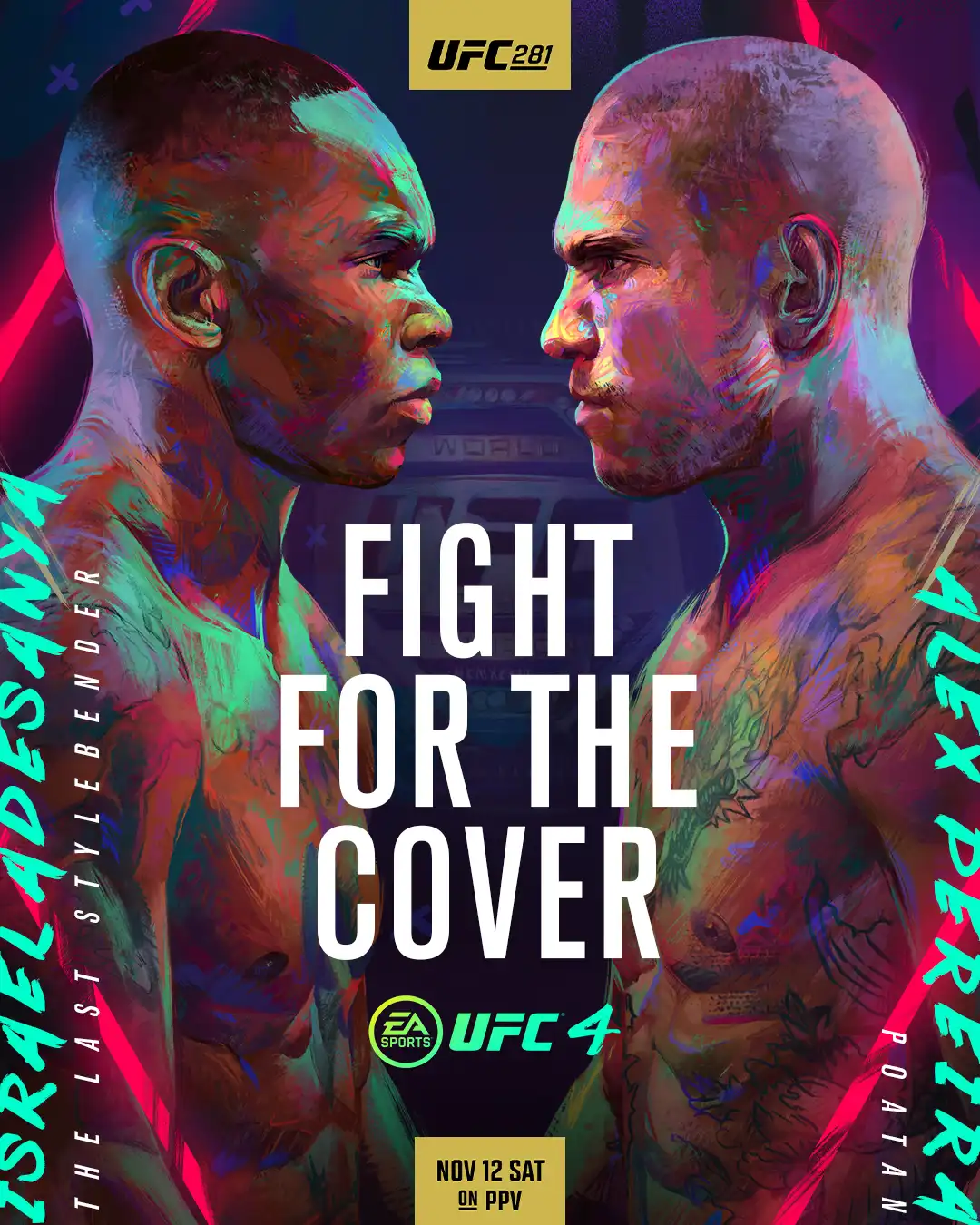 UFC 281 artwork by Matt Essom featuring Israel Adesanya and Alex Pereira in profile.