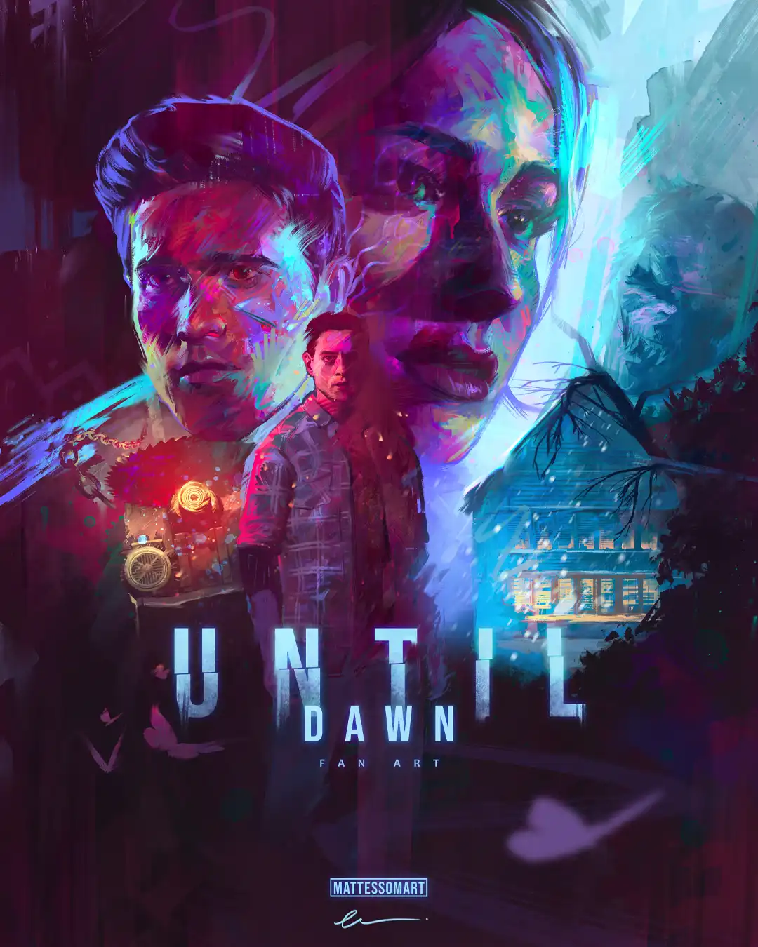 Until Dawn fan art by Matt Essom with a moody neon-lit horror composition.