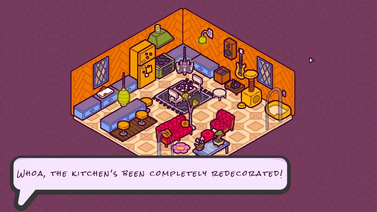 Isometric kitchen scene in Messy Recipe showing a redecorated room layout