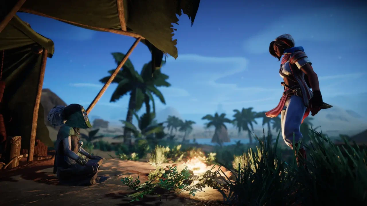 Nadira stands near a campfire speaking with a seated figure in Mirage 7