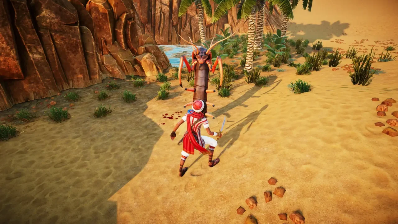 Nadira fights a large desert creature in Mirage 7 on a sandy path beside rocks and palm trees