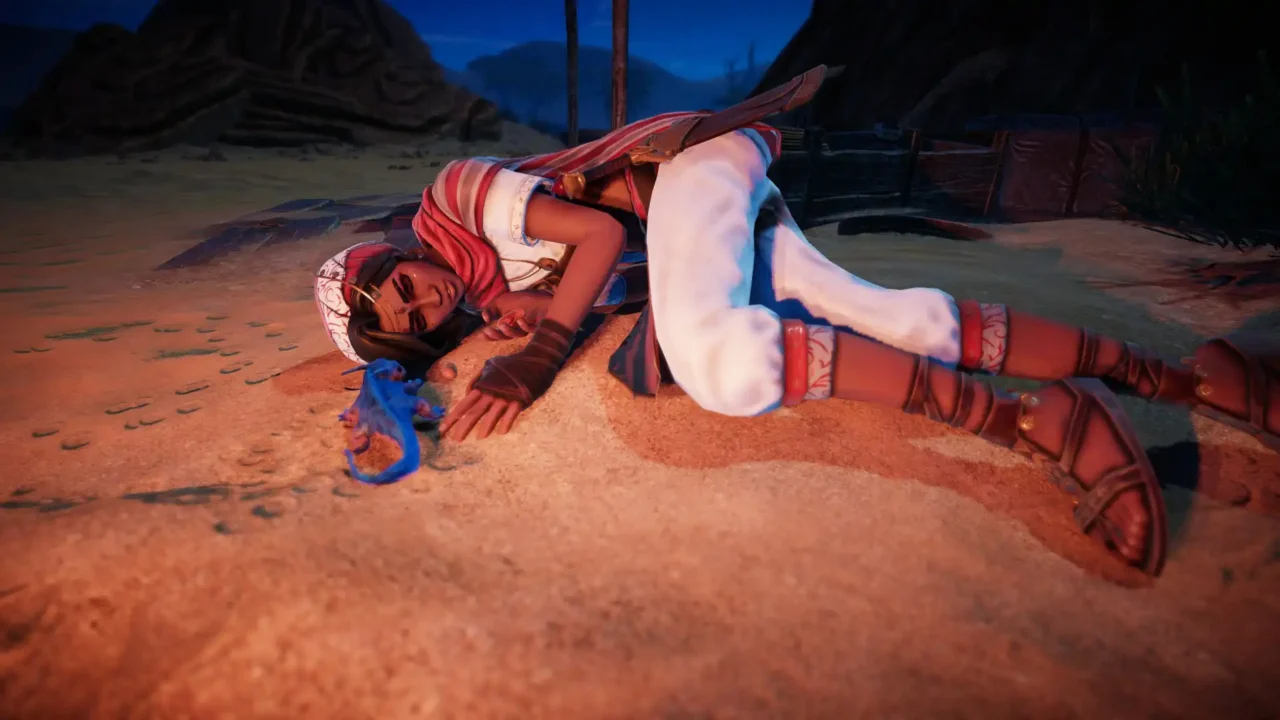 Nadira lies on the sand beside Jiji in a nighttime desert scene from Mirage 7