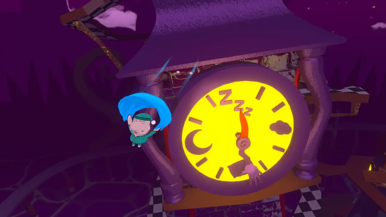 Mr. Sleepy Man gliding past a glowing yellow clock tower in a purple dream world