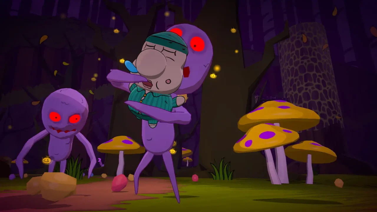 Mr. Sleepy Man being grabbed by a strange creature in a dark forest with glowing mushrooms