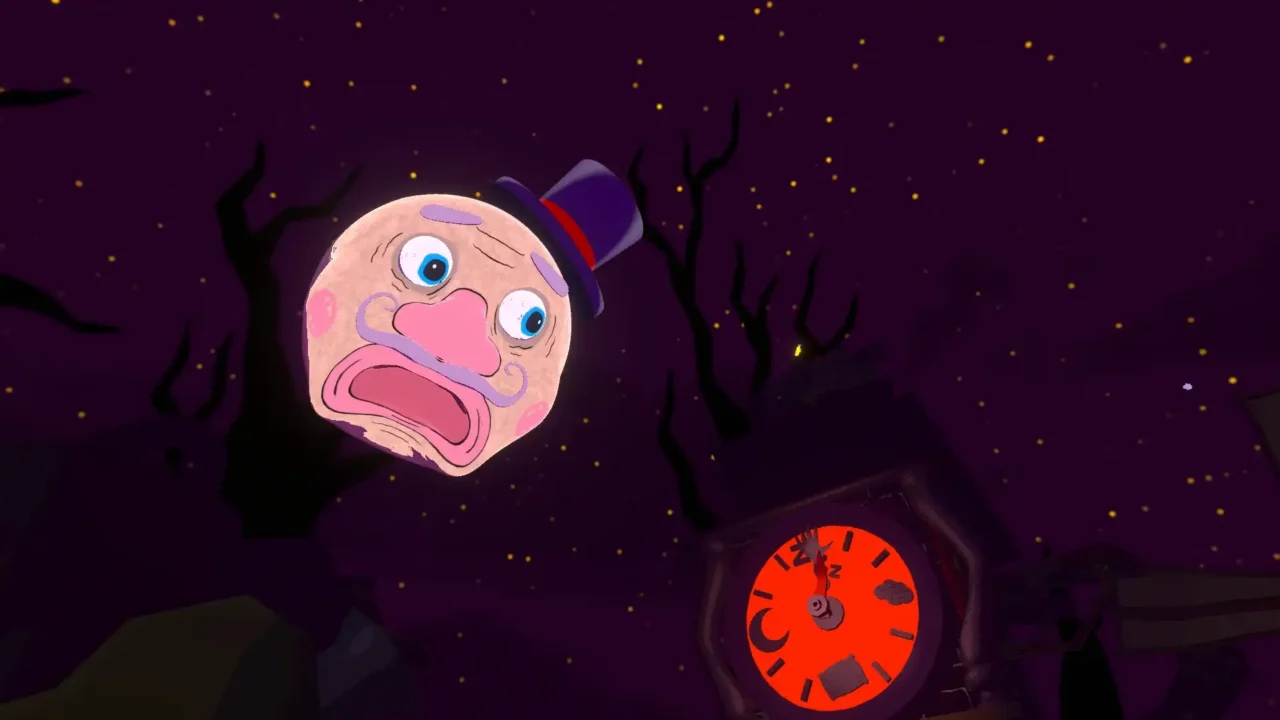 Mr. Sleepy Man floating beside a glowing red clock tower under a purple night sky