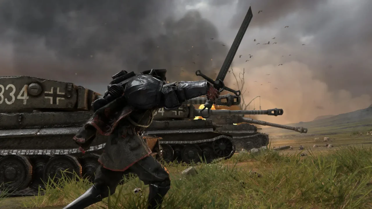 An armoured swordsman charges beside tanks in Noblemen: 1941.