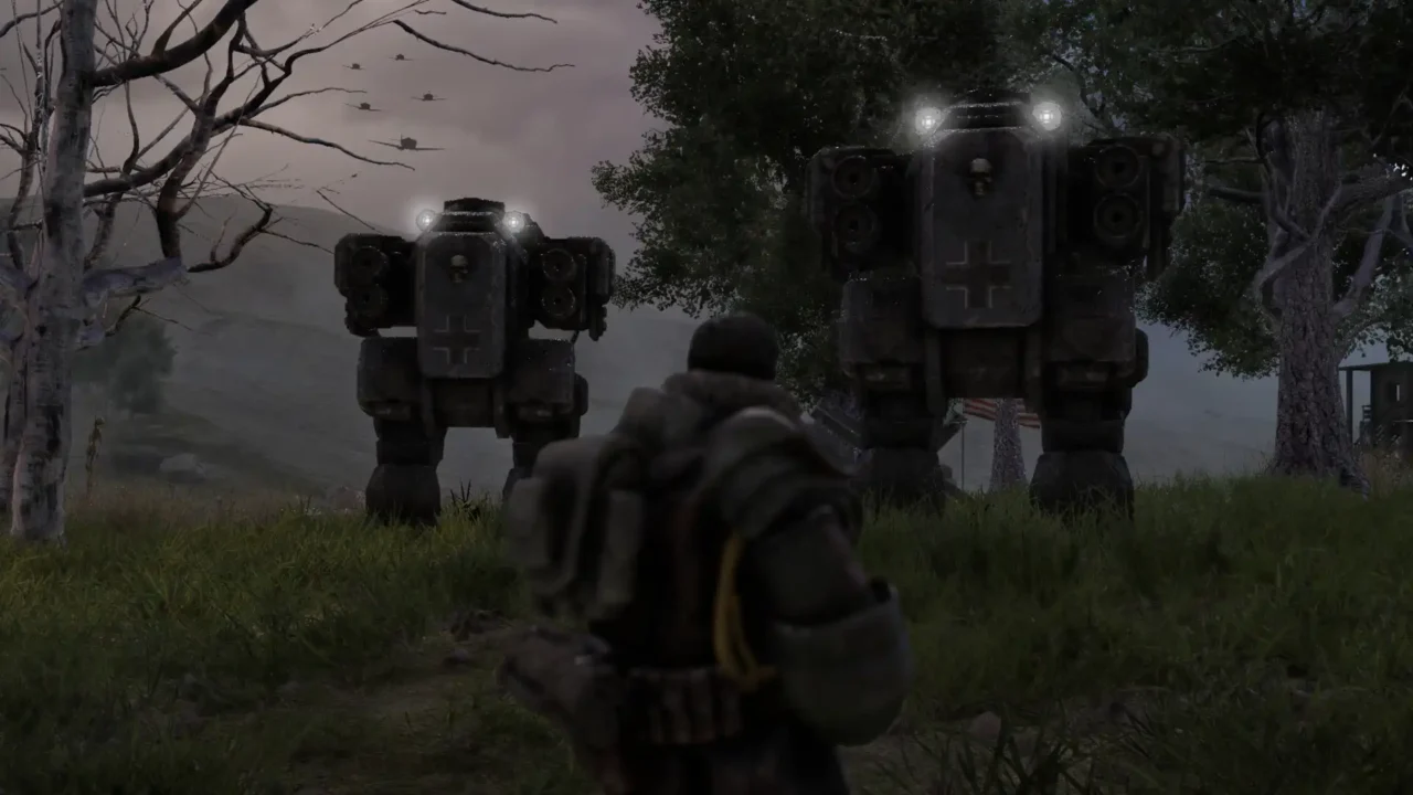 Two towering walker mechs stand in a dark forest in Noblemen: 1941.