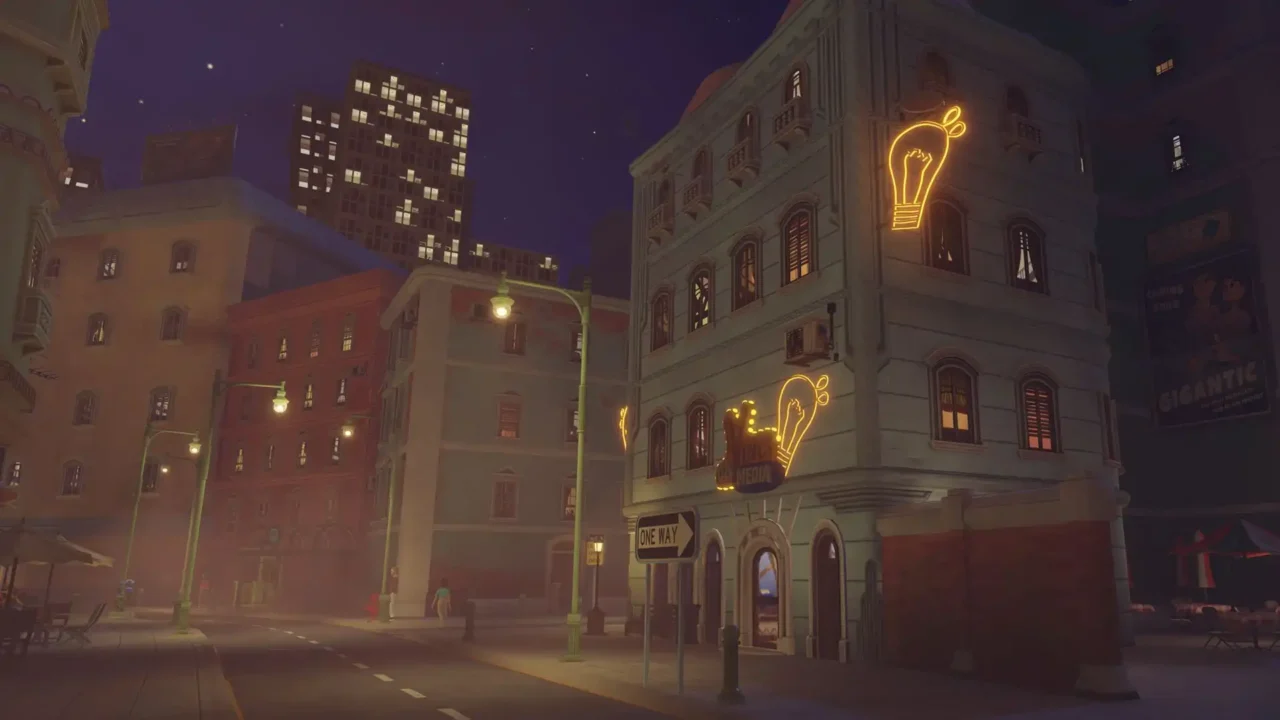 Night-time city street scene from Pizza Slice showing the game’s stylised urban setting