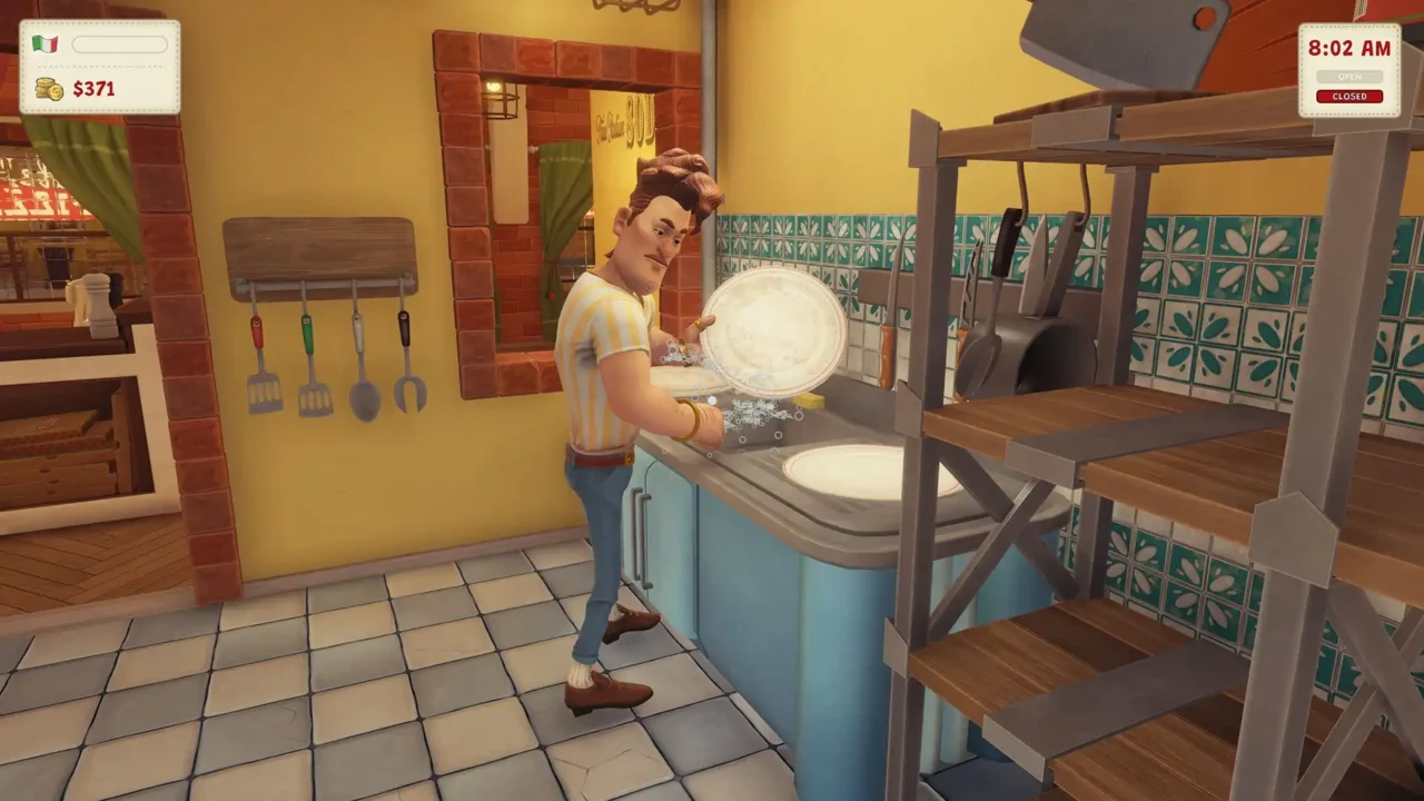 Character washing dishes in the kitchen area of Pizza Slice