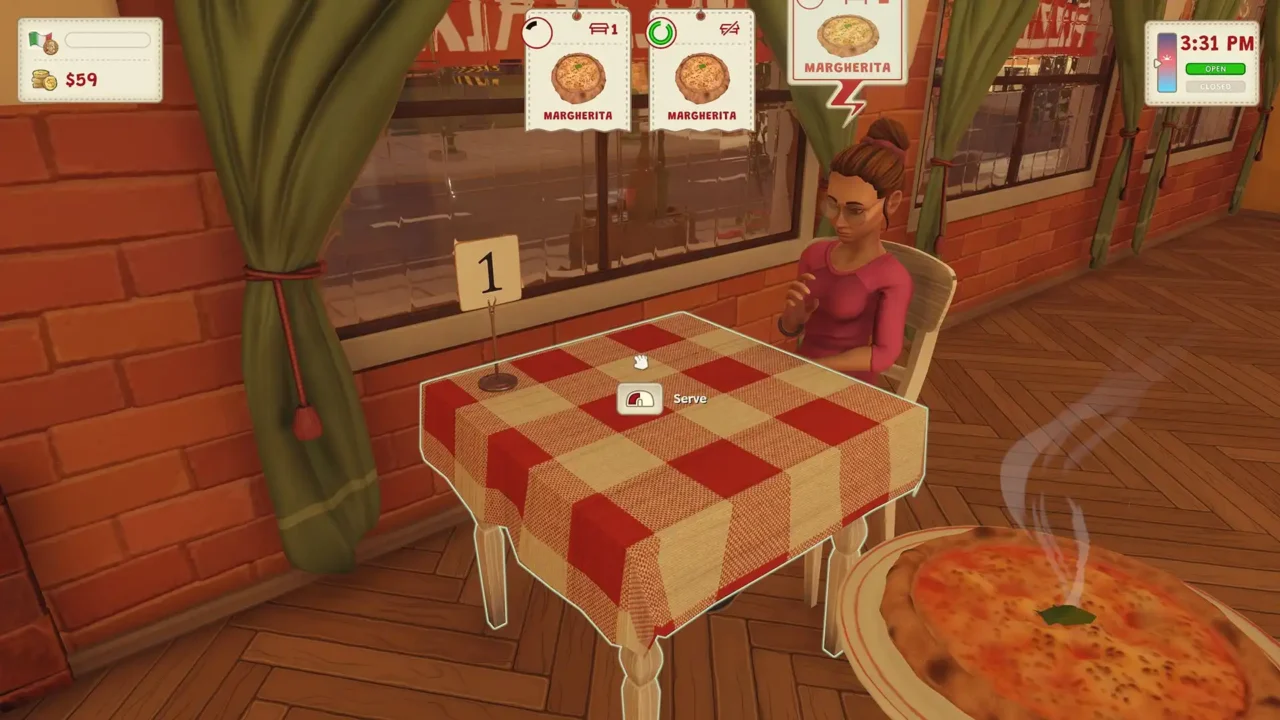 Player serving a margherita pizza to a customer inside the pizzeria in Pizza Slice