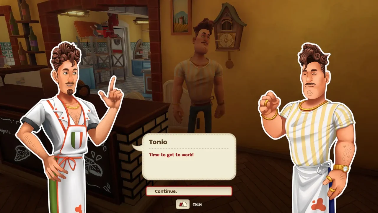 Tonio speaking in a dialogue scene inside the restaurant in Pizza Slice