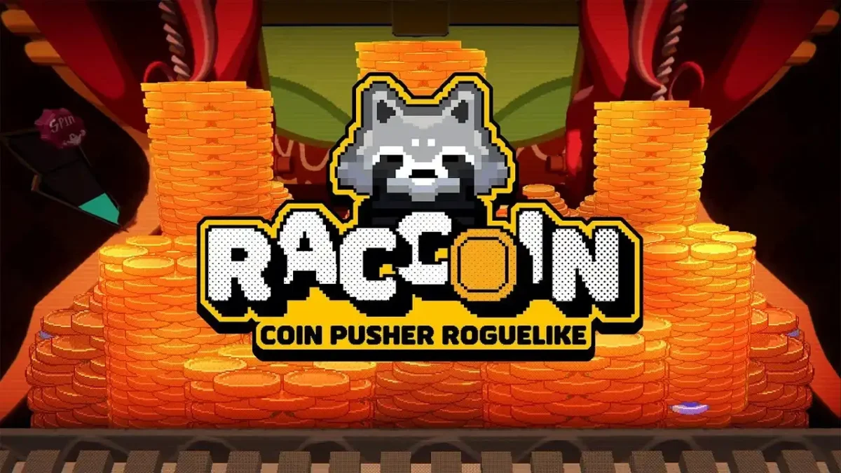 Promotional image for Raccoin showing the game logo, a raccoon character, and large stacks of gold coins.