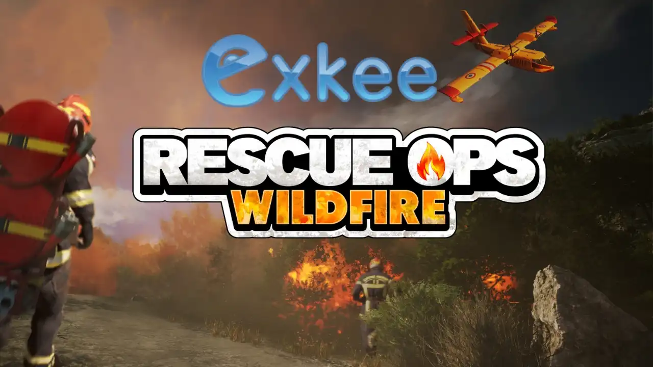 Rescue Ops: Wildfire key art showing firefighters battling a blaze with a water bomber aircraft overhead.
