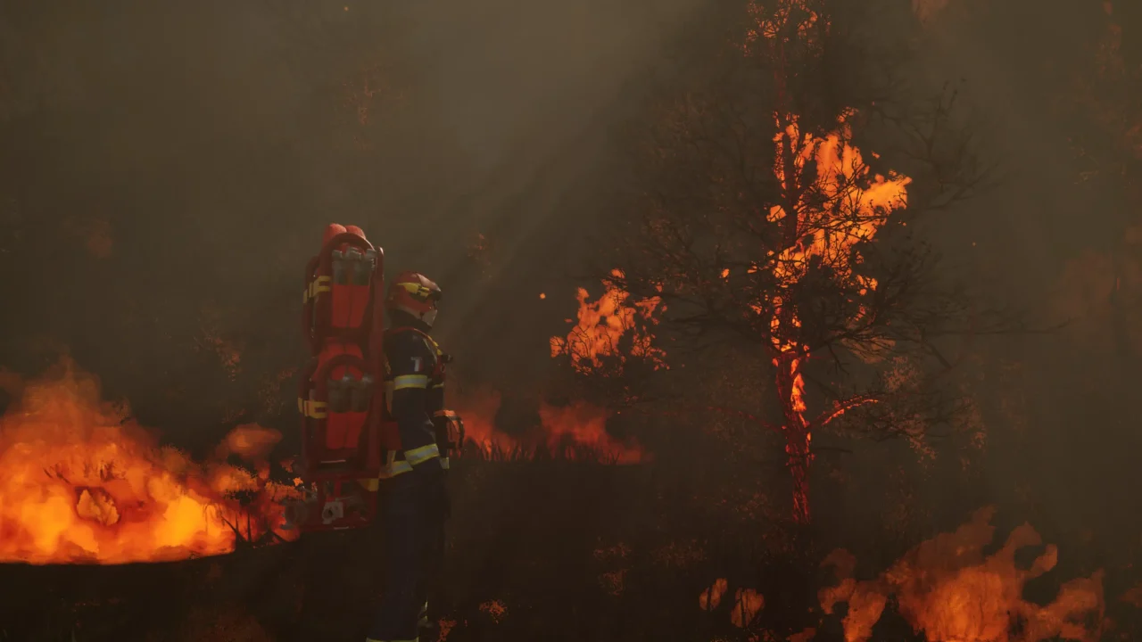 Rescue Ops: Wildfire screenshot showing a firefighter standing near a burning forest surrounded by smoke and flames.
