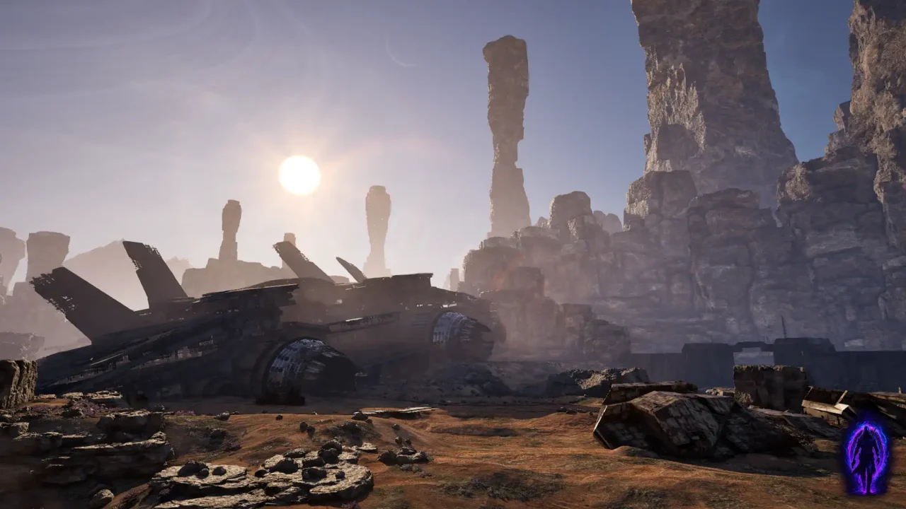 Riftwalker crashed ship wreck in a rocky desert landscape under bright sunlight