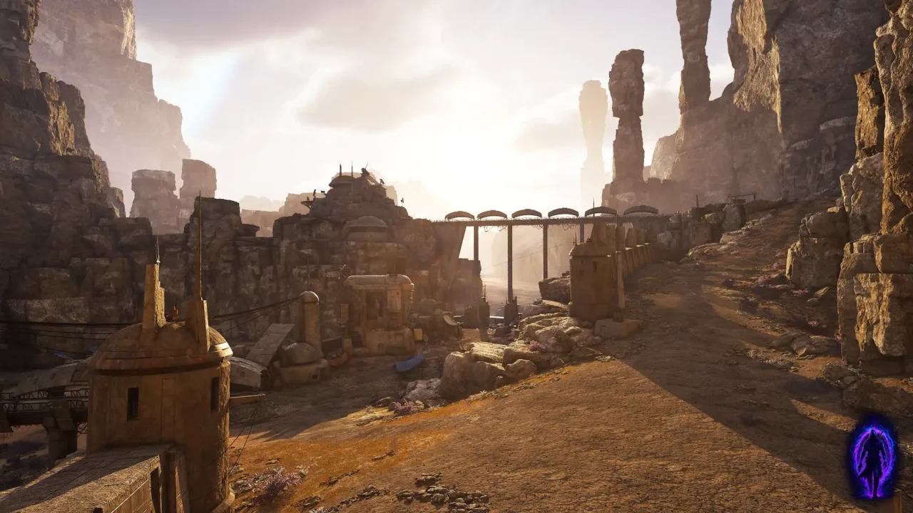 Riftwalker desert stronghold environment with a bridge, rocky cliffs, and a wide road leading into the settlement