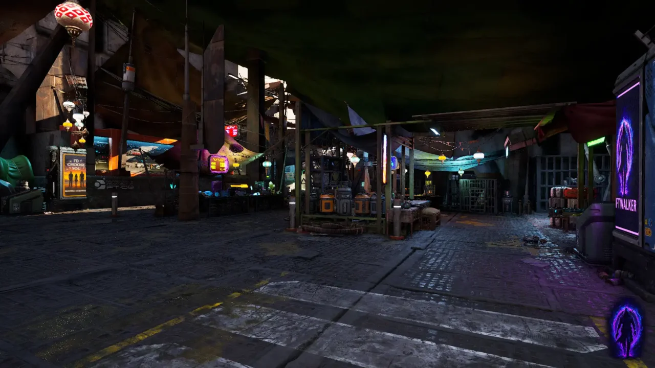 Riftwalker market area at night with neon lights, wet ground, and a darker urban sci-fi atmosphere