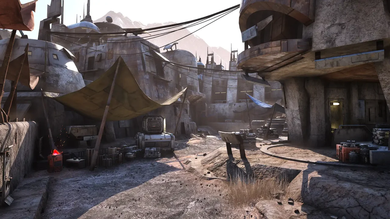 Riftwalker settlement street scene in clear weather with buildings, cables, and market-style coverings