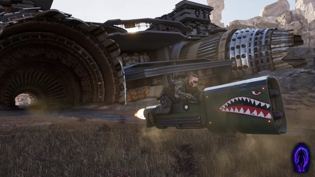 Riftwalker character riding a speeder bike across a dusty desert with towering rock pillars in the background