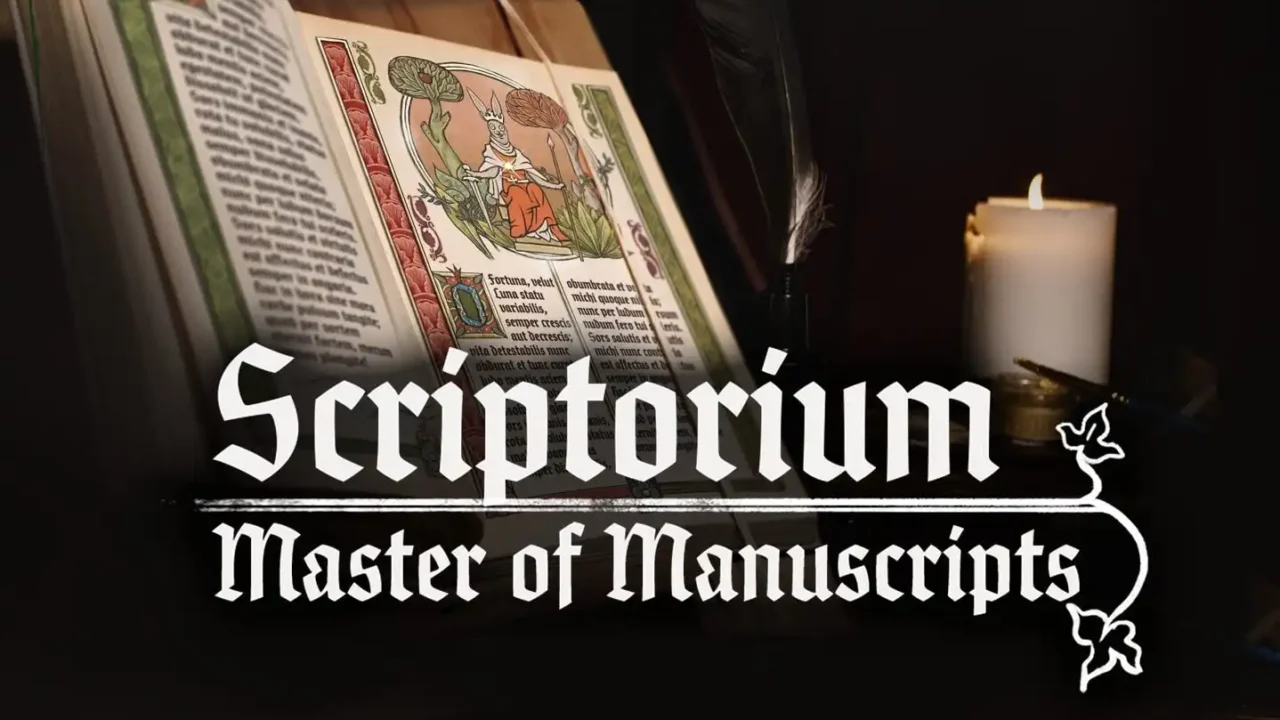 Official key art for Scriptorium: Master of Manuscripts showing an illuminated manuscript beside a candle and quill