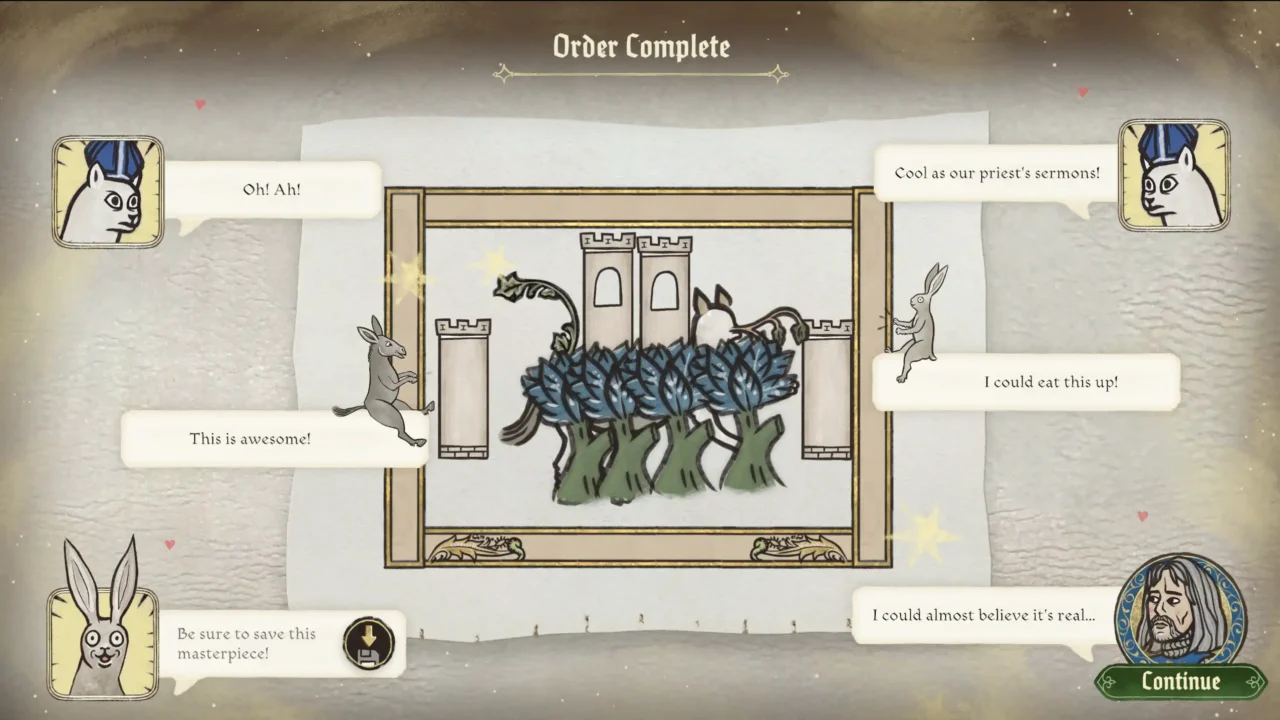 Scriptorium gameplay screenshot showing the Order Complete screen after finishing a manuscript commission