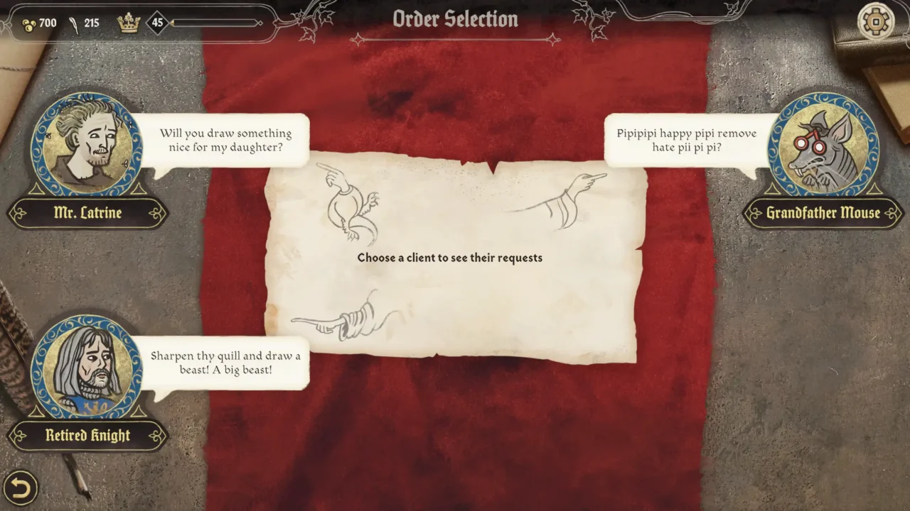 Scriptorium gameplay screenshot showing the Order Selection screen with multiple clients and request prompts