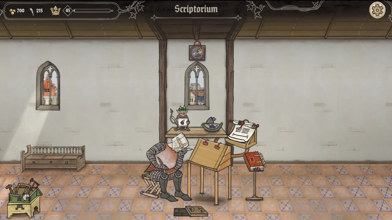 Scriptorium gameplay screenshot showing the main workshop room with scribe desk, scroll, and drawing station