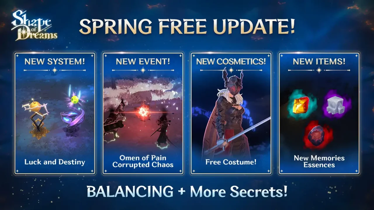Shape of Dreams spring free update artwork showing new system, new event, new cosmetics, and new items