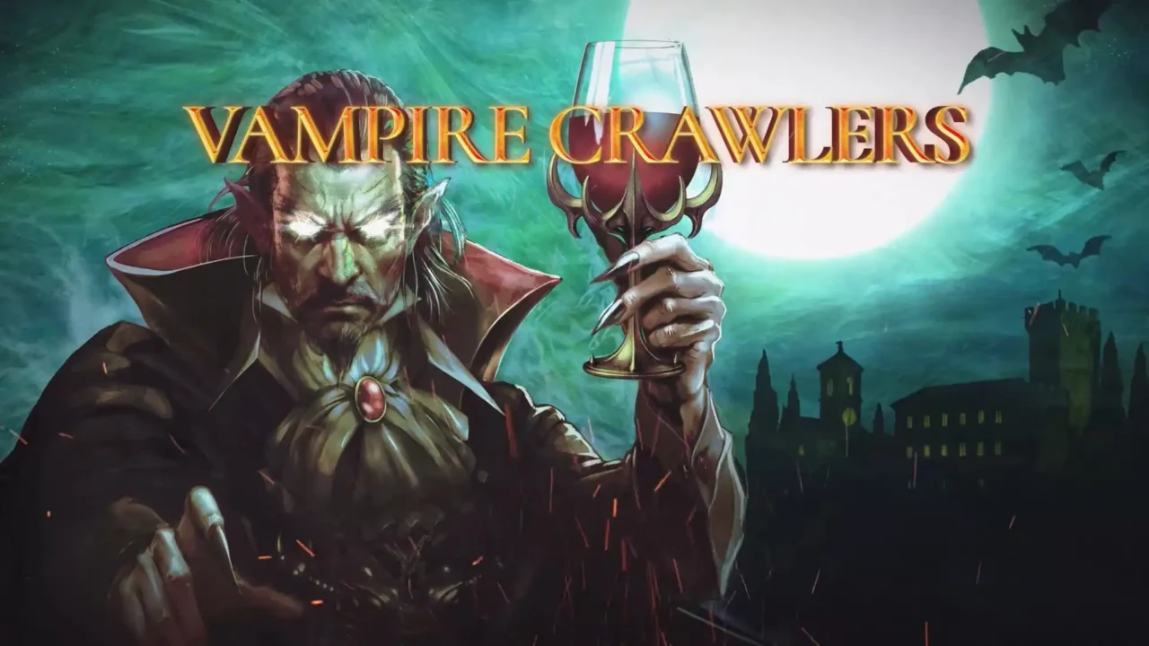 Promotional image for Vampire Crawlers showing a vampire character holding a goblet in front of a moonlit castle.