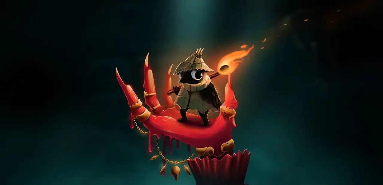 Glimmer stands on a red hand-like throne in Well Dweller promotional artwork