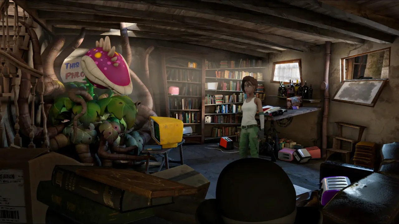 Hidden room scene in Whirlight – No Time To Trip with a giant plant and cluttered interior