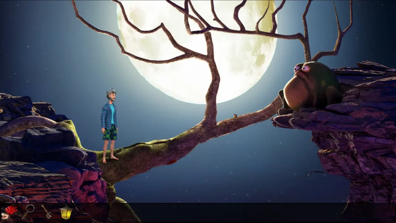 Moonlit fantasy scene in Whirlight – No Time To Trip with a character on a tree branch facing a strange creature