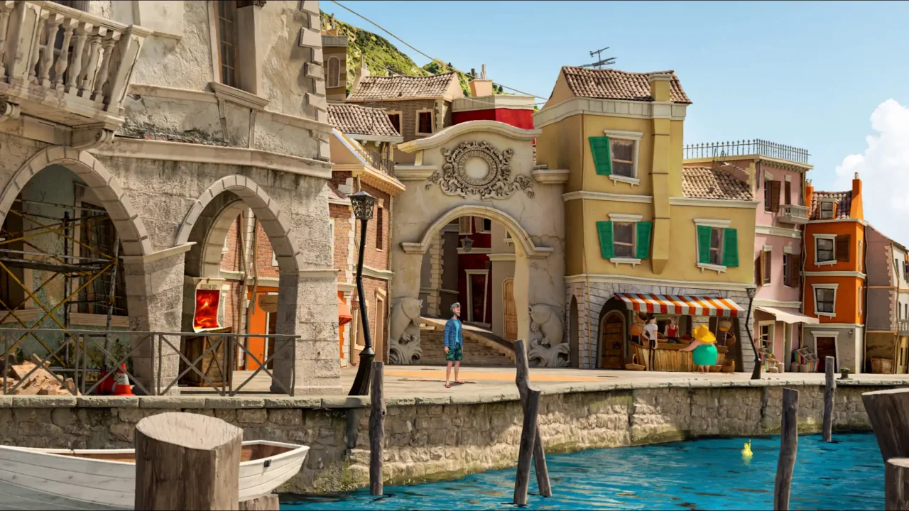 Canal-side city scene in Whirlight – No Time To Trip showing Verice Bay architecture