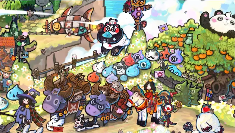 Screenshot from Whisker Wanderlust: Unwritten Chapter showing a colourful fantasy scene with slimes, cats, a cart, a flying craft, and whimsical storybook details.