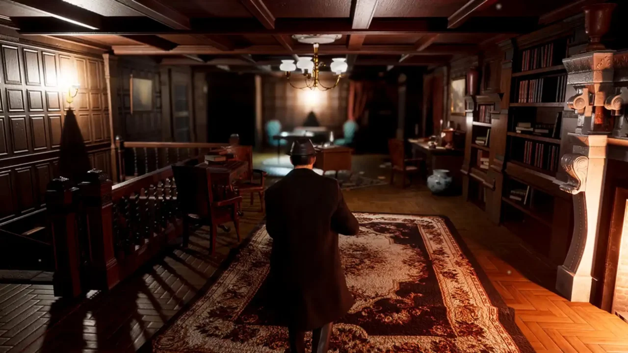 Noir Mafia Simulator screenshot showing the player inside a large wood-paneled mansion interior