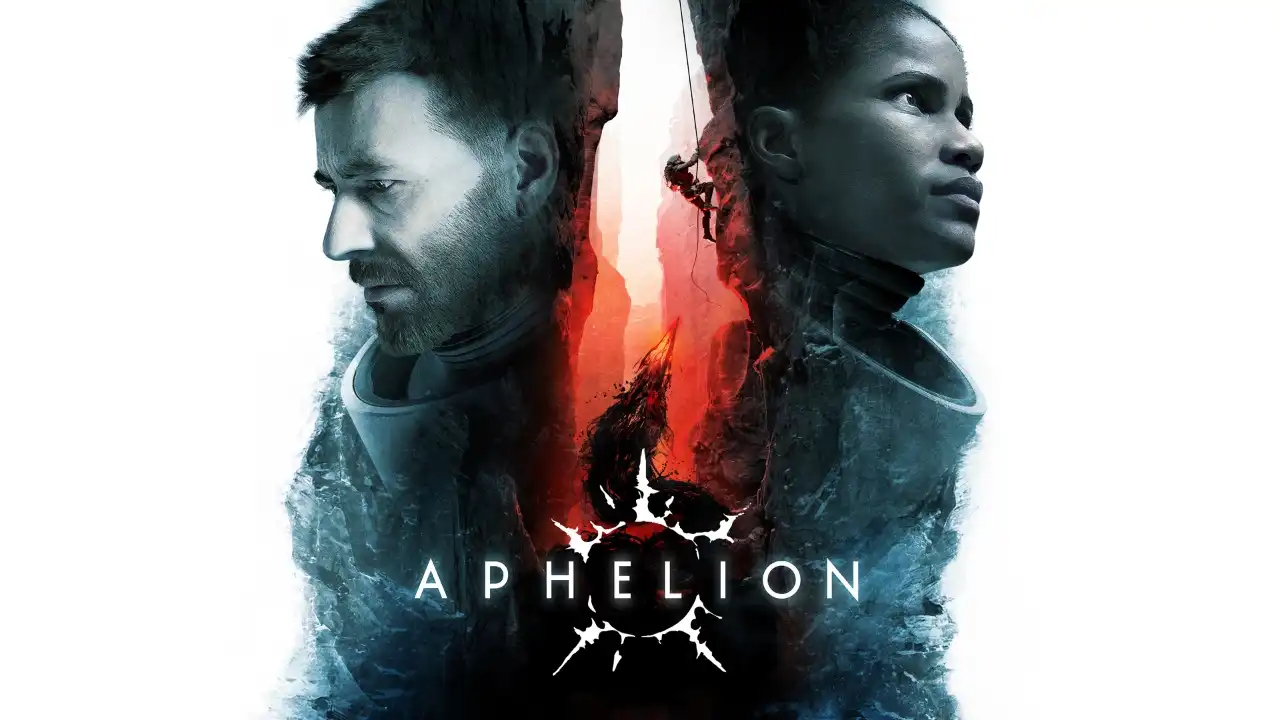 Aphelion key art showing Ariane and Thomas divided by a frozen alien landscape and a red sci-fi threat.
