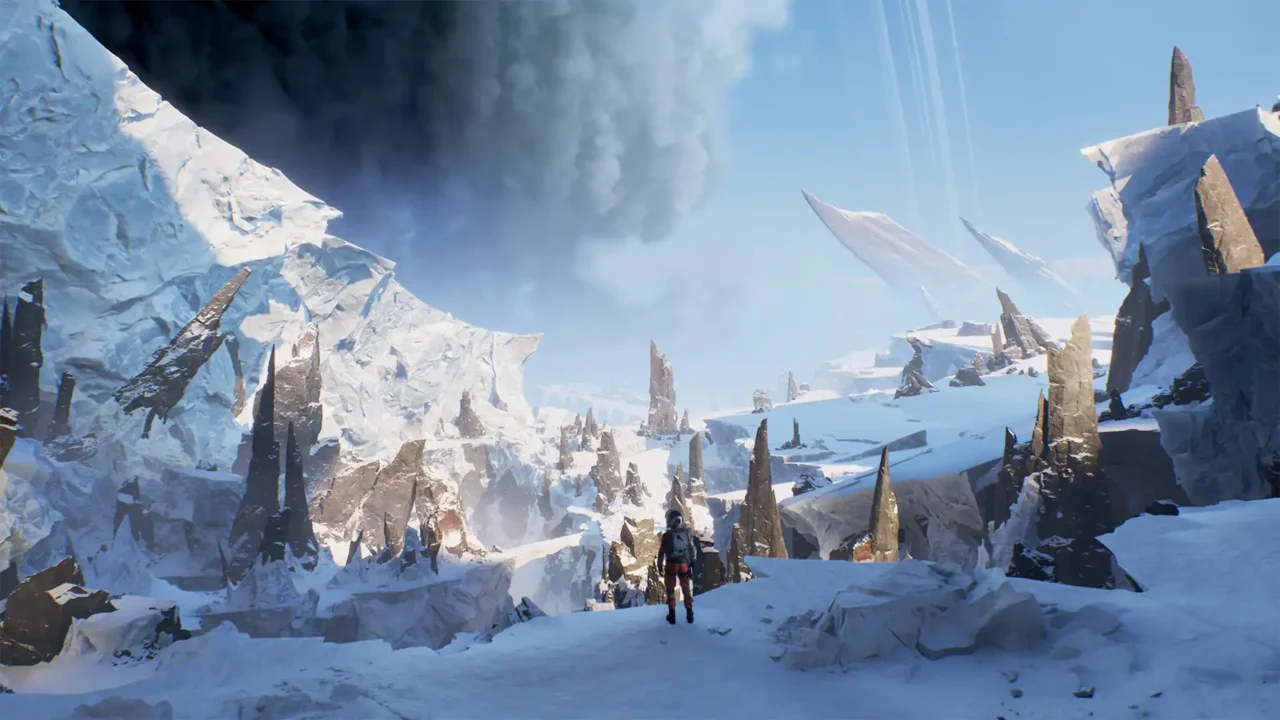 A vast frozen alien landscape on Persephone with ice cliffs, dark rock formations, and an astronaut in the distance.