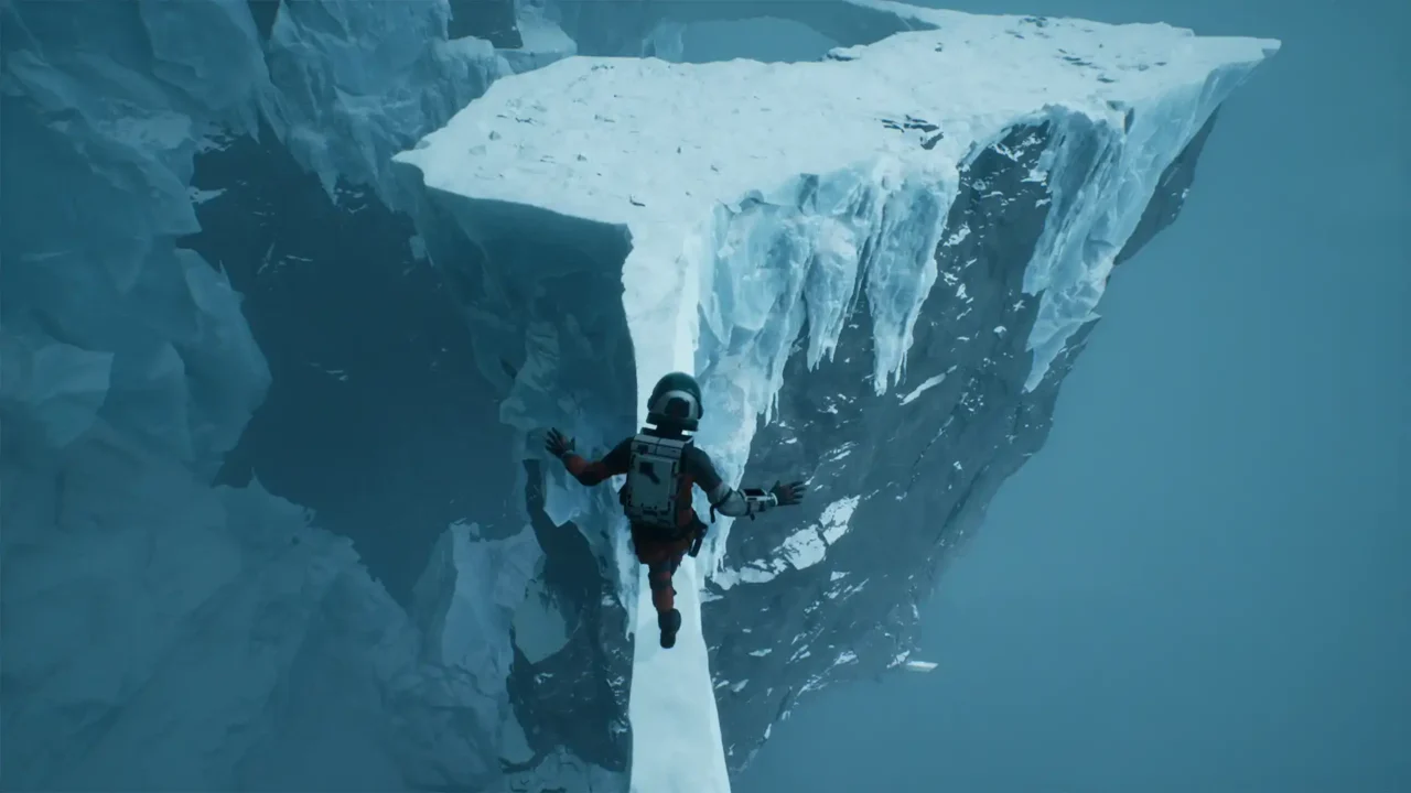 Ariane crosses a dangerous ice formation above a frozen chasm in Aphelion.