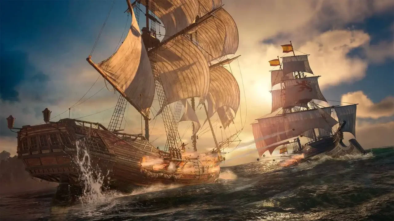 Assassin’s Creed Black Flag Resynced naval combat showing two ships firing cannons at sea