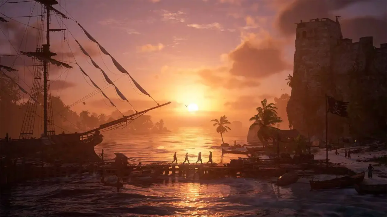 Sunset harbor scene in Assassin’s Creed Black Flag Resynced with a pirate ship and coastal fort