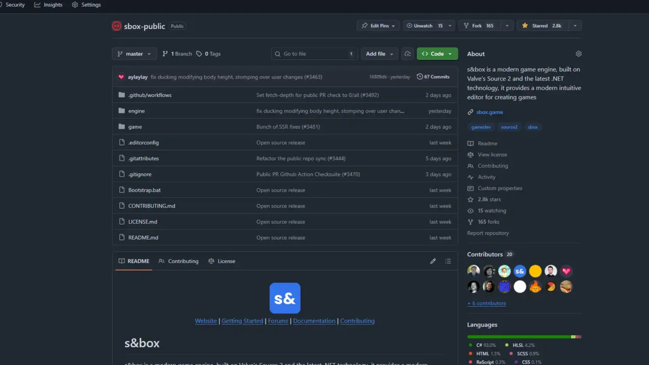 GitHub page for the public s&box repository showing Facepunch’s project files and repository overview
