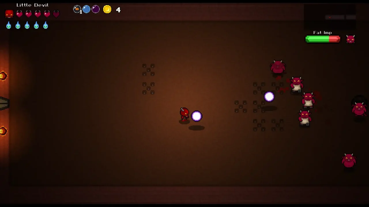 Little Devil gameplay screenshot showing combat against Fat Imp enemies in a dark dungeon room