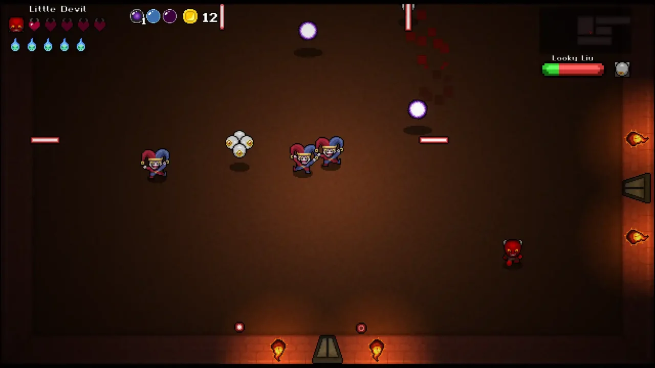Little Devil gameplay screenshot showing the player surrounded by ghost enemies in a dungeon room