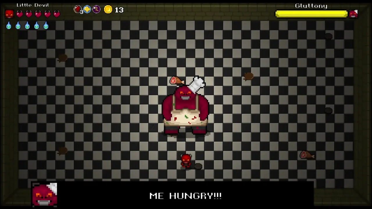 Little Devil gameplay screenshot showing the Gluttony boss in a checkerboard arena during the Steam playtest