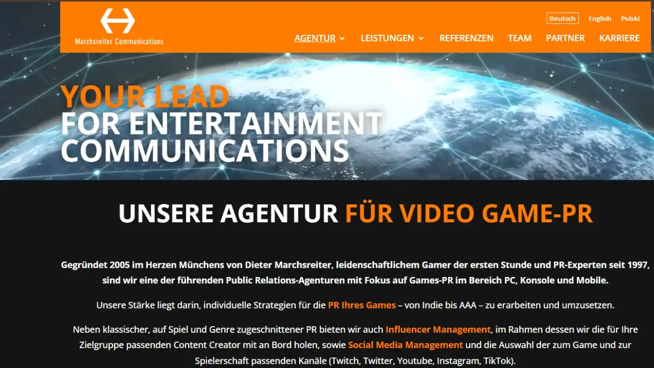 Marchsreiter Communications website screenshot showing the German games PR agency homepage