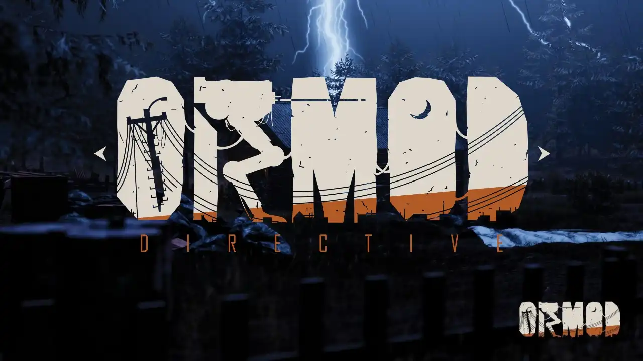 ORMOD Directive key art showing the game logo over a stormy forest cabin scene at night