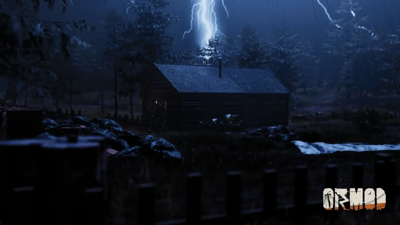 ORMOD Directive screenshot showing a dark cabin in a stormy forest at night with lightning in the sky